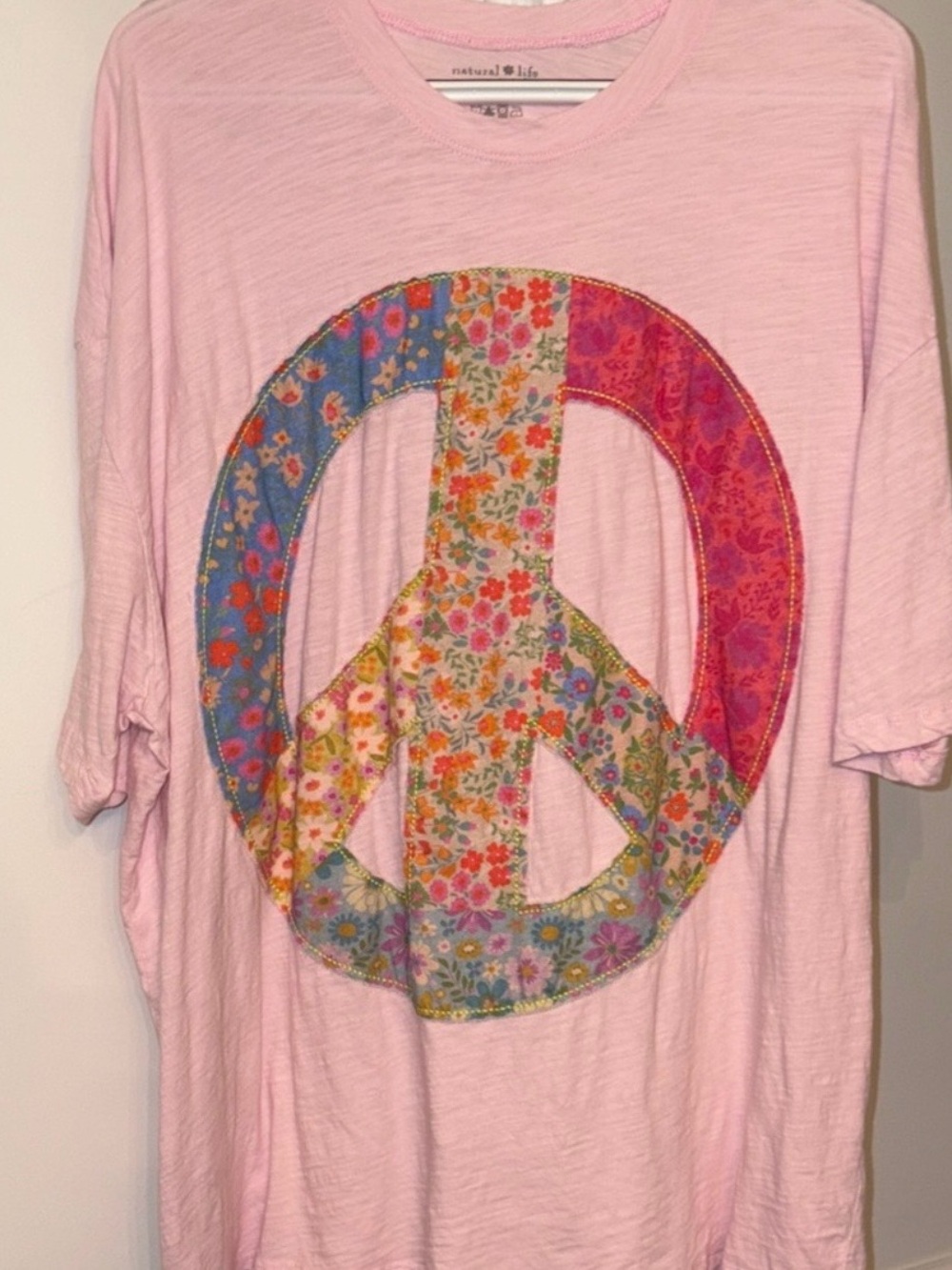 Natural Life Peace Sign t shirt one size pink floral appliqué